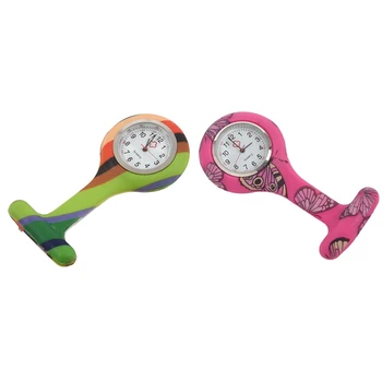 

2Pcs Silicone Nurses Brooch Tunic Fob Pocket Watch Stainless Dial - Rainbow Stripes Pattern & Rose Red Butterfly Pattern