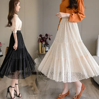

2020 Spring Summer Hollow Out Long Lace Skirt Women Korean Ladies Black White Pleated Skirt Female With High Waist