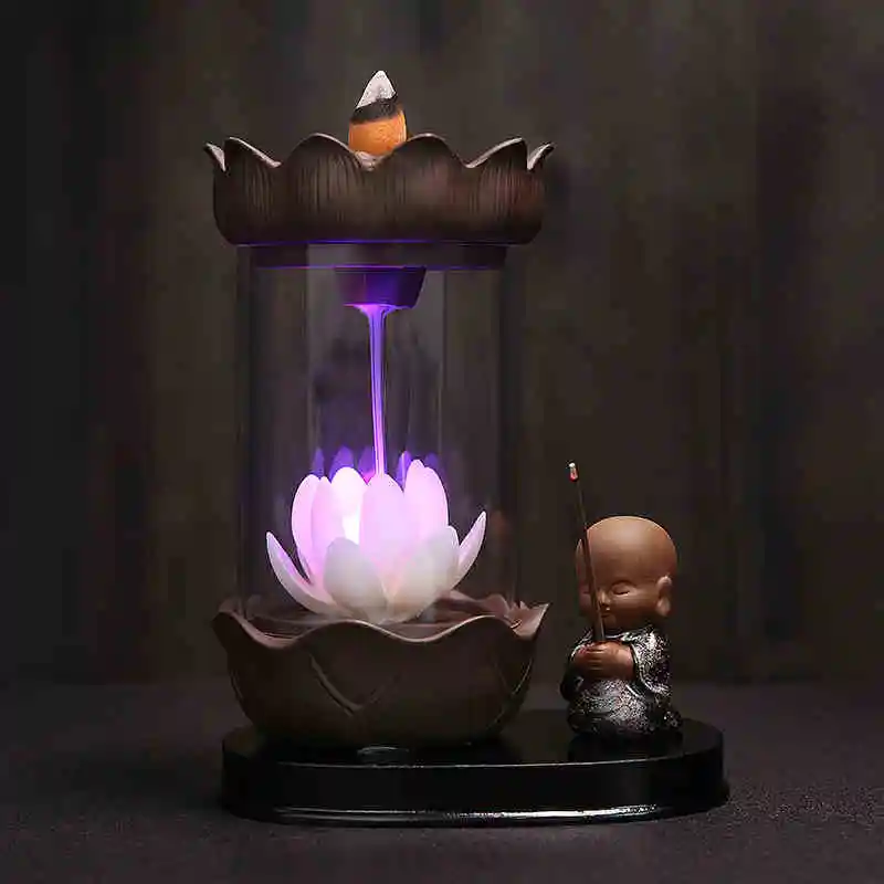 

Ceramic Monk 7-Color Change Led Lotus Incense Burner Home Desktop Backflow Incense Holder Smoke Waterfall Aromatherapy Stove