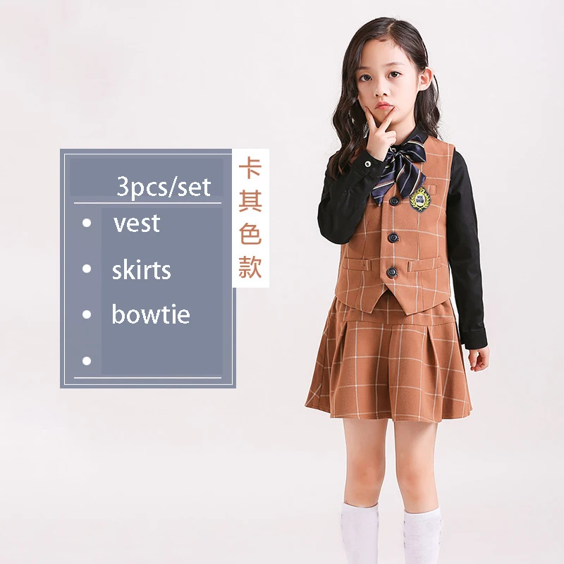 girls 3pcs khaki Детский комплект с жилетом в школьном стиле; сезон весна-осень; униформа для начальной школы; жилет для мальчиков и девочек; брюки; рубашки с бантом - Цвет: girls 3pcs khaki