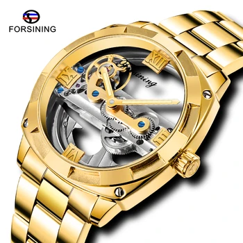

Top Luxury Brand Transparent Golden Mechanical Watch Mens Steampunk Skeleton Automatic Self Wind Stainless Steel Band Clock