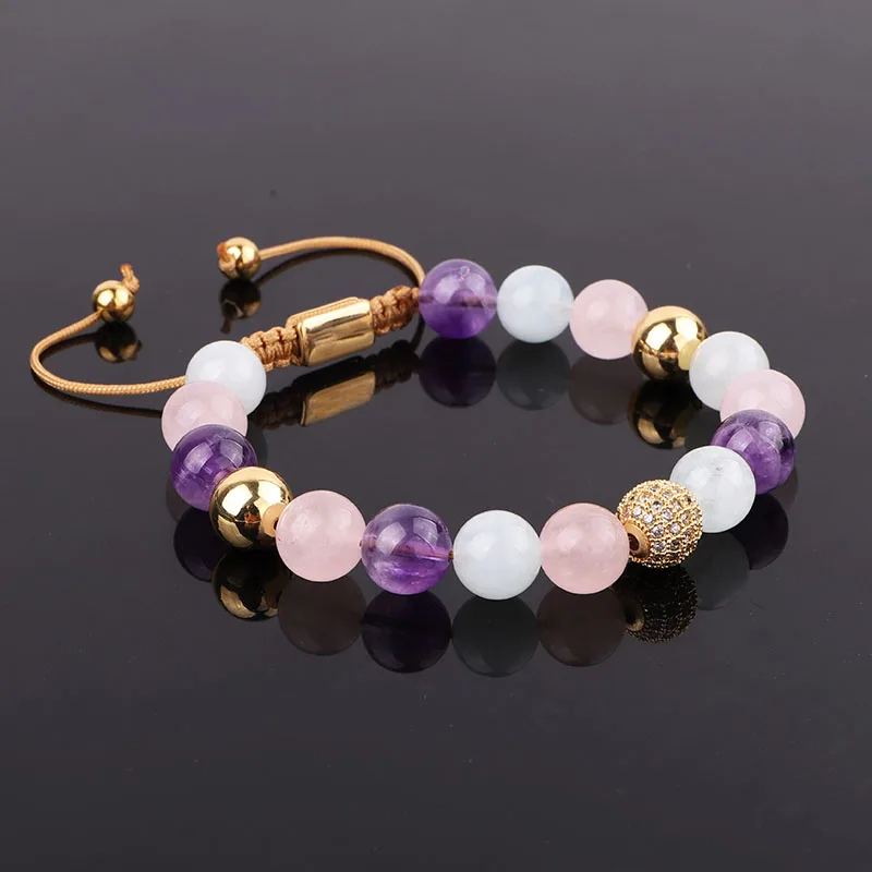New Design 10mm Colorful Natural Stone Amethyst/Rose Quartz/Jade Beads CZ Pave Charm Friendship Macrame Bracelet Women - Image 4
