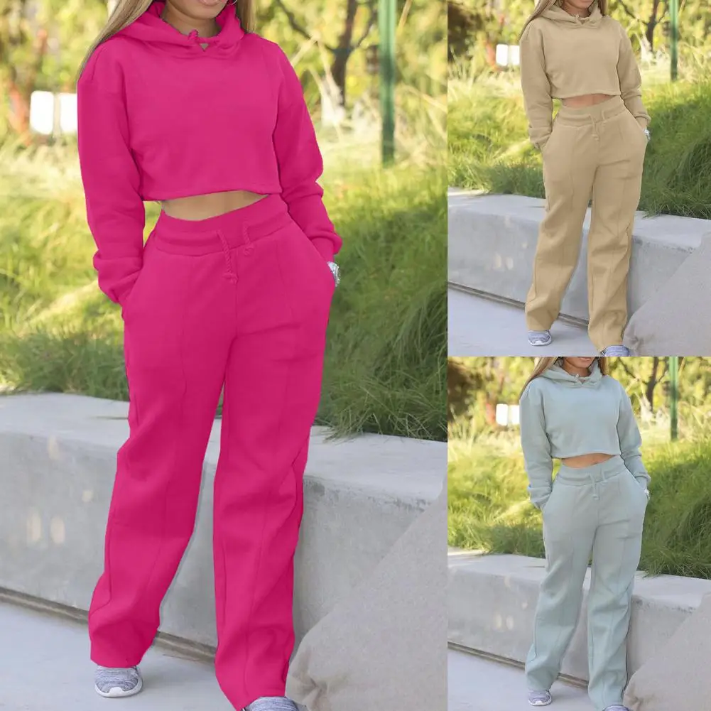 

Autumn Winter Tracksuit Women Two Piece Set Solid Hoodies Sweatshirt Crop Top Pants Sport Jogger Suit For Female Casual Outfits