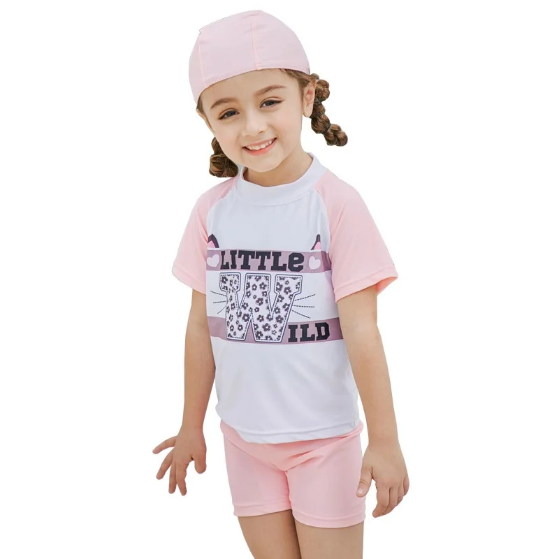 Kids Sunscreen Swimsuit with Letter Pattern Girls Short Sleeve Swimwear Quick Drying Diving Suit Surf Clothing Rashguard