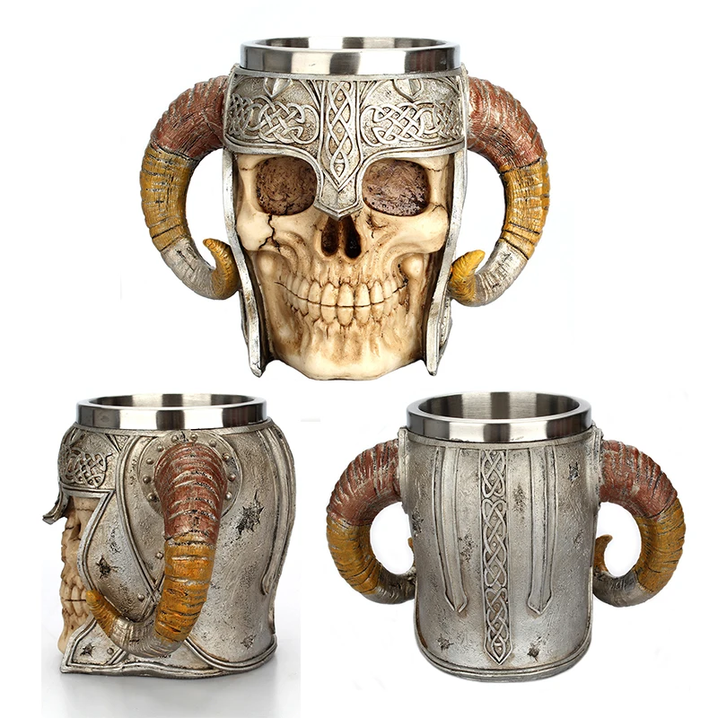

Office Mug Creative Double Horn Resin Cup 3D Stainless Steel Drinking Cup Skull Horn Coffee Mugs Horn Beer Tankard Cup Drinkware