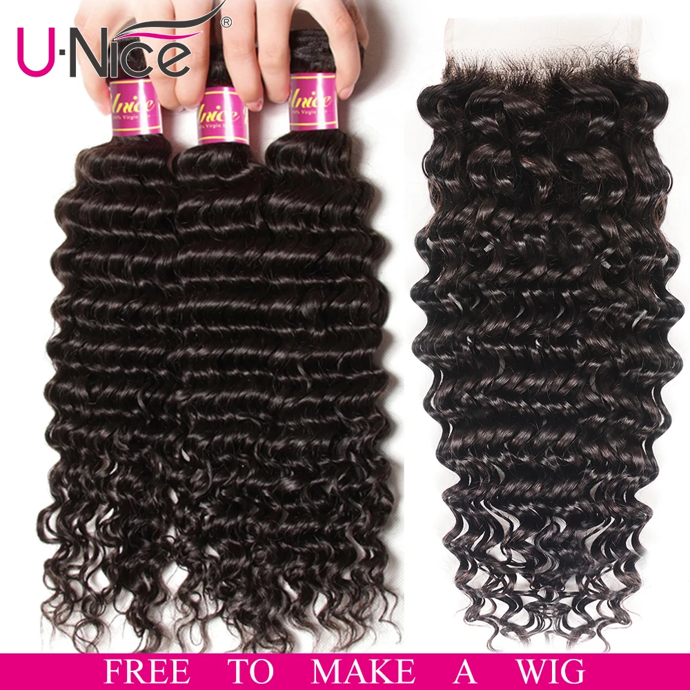 

UNICE Hair Brazilian Deep Wave Bundles With Closure 4*4 Lace Closure Brazilian Hair Weave Bundles With Closure Human Remy Hair