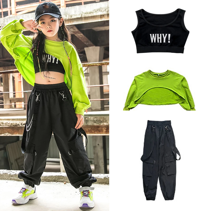 

Children'S Hip-Hop Clothes For Girls Jazz Dance Costumes Hip-Hop Cropped Fluorescent Green Suit Street Dance Costumes DQS6222