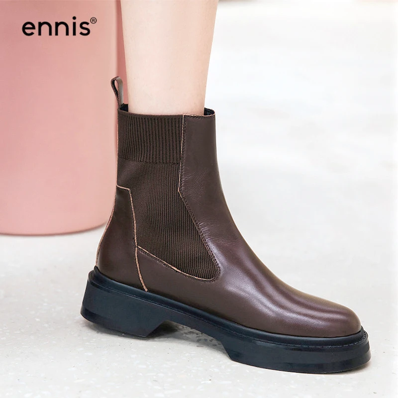 

ENNIS Women Ankle Boots Platform Thick Bottom Chelsea Boots Genuine Leather Boots Low Heel Slip On Martin Shoes Brown 2020 A0083
