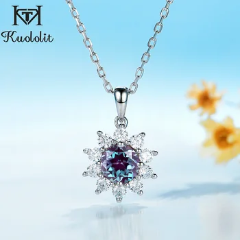 

Kuololit 1.5CT Natural Alexandrite Gemstone Pendant For Women Solid 925 Sterling Silver Lab Grow Round Stone Necklace Engagement