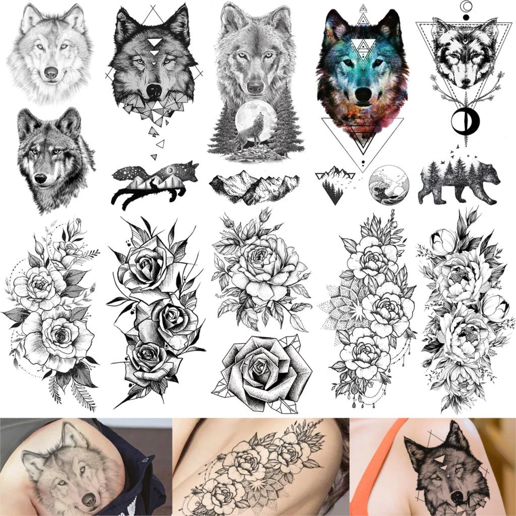 Realistic Tribal Wolf Temporary Tattoos Beast For Men Fake Flower Rose Tattoo Sticker For Women Chest Leg Tatoos Body Art Makeup Temporary Tattoos Aliexpress