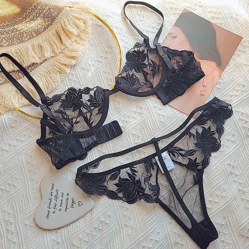 

Sexy lace ultra thin transparent petal Embroidered Bra Set charming underwear