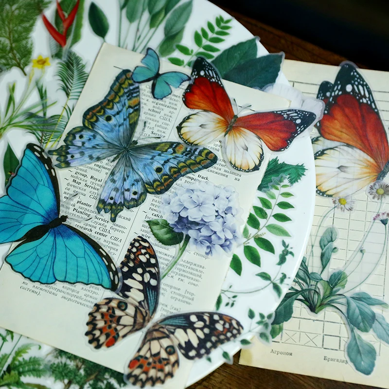 

50 Pcs Vintage Butterfly Plant Illustration Sulfuric Acid Decoration Stickers DIY Diary Plan Scrapbooking Label Journal Sticker