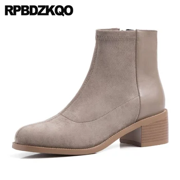 

fashion female autumn round toe 2019 genuine leather fur suede winter booties ankle women chunky shoes fall side zip boots block
