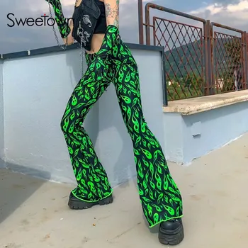 

Sweetown Neon Color Flaming Fire Streetwear Pants Women Flare Trousers Casual Slim High Waist Ladies Bell Bottom Pants Autumn