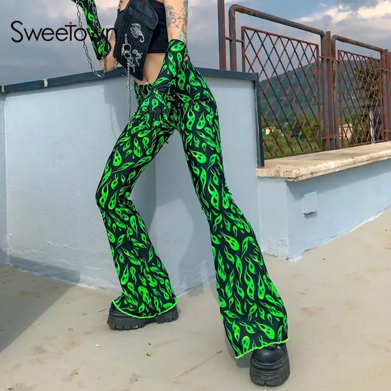 Sweetown Neon Color Flaming Fire Streetwear Pants Women Flare Trousers Casual Slim High Waist Ladies Bell Bottom Pants Autumn Sweetown Neon Color Flaming Fire Streetwear Pants Women Flare Trousers Casual Slim High Waist Ladies Bell Bottom Pants Autumn