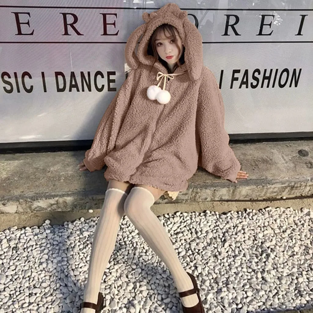 Модная зимняя одежда, женская зимняя теплая куртка из искусственного меха, однотонная верхняя одежда с капюшоном и заячьими ушками, abrigo peluche mujer