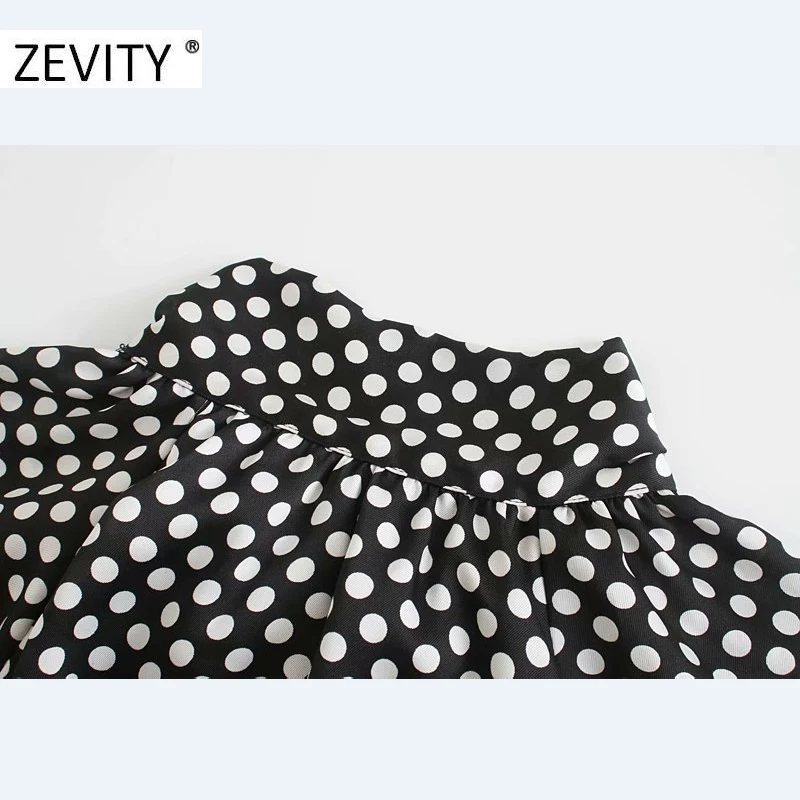ZEVITY women vintage bow tied stand collar polka dots print mini dress female lantern sleeve casual vestidos chic dresses DS4426