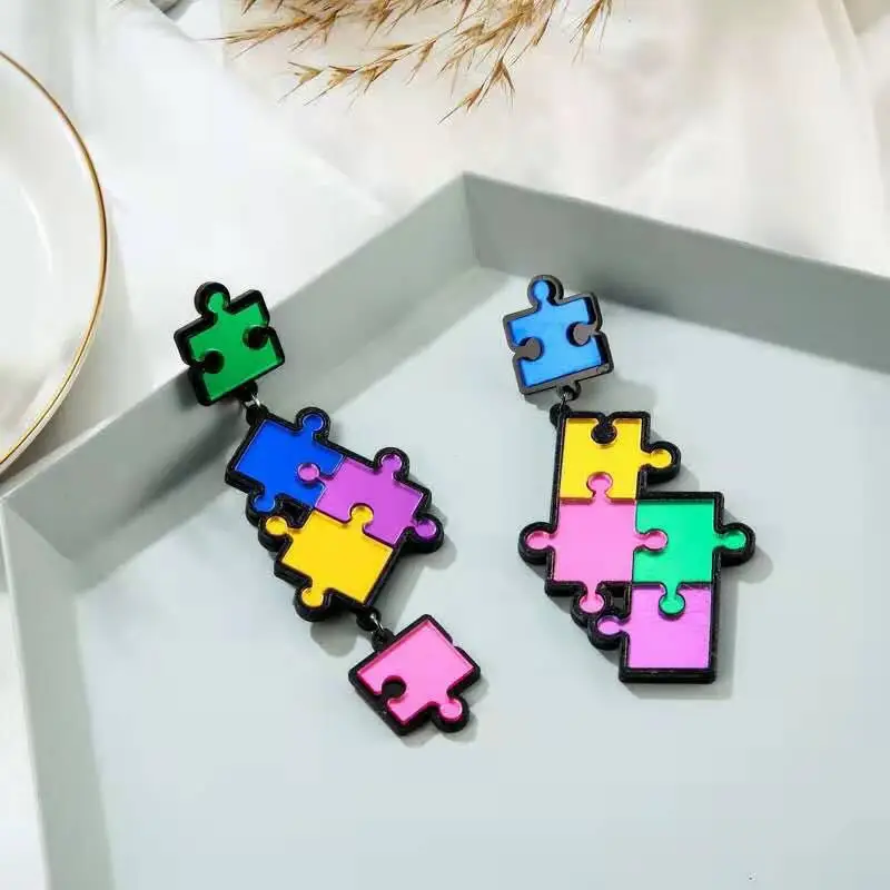 Lovely Acrylic Puzzle Drop Earrings for Women Girl Colorful Irregular Funny Cartoon Puzzles Long Earring Fashion Jewelry Brincos 4