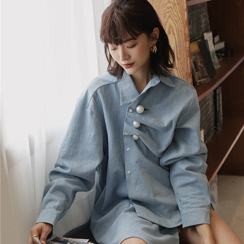 GALCAUR Asymmetrical Patchwork pearl Women's Shirts Lapel Collar Long Sleeve Blouse Female Autumn Oversize Fashion New