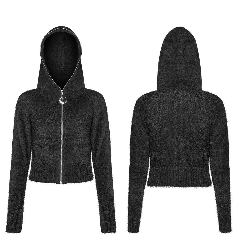  PUNK RAVE Women's Tight Hooded Cardigan Sweater Warm Imitation Mink Hair Moon Pendant Personality H