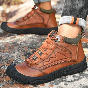 

Winter Men's Boots outdoor genuine Leather Warm Leisure Shoes British Round Toe Short Plush Ankle Boots Fur snow boots men o4