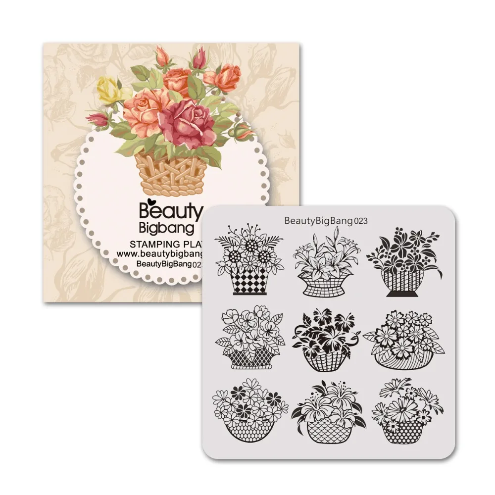 

6*6cm BeautyBigBang Flower Basket Vine Leaves Floral Image For Nail Art Stamp Plate Stencils Template BBB023