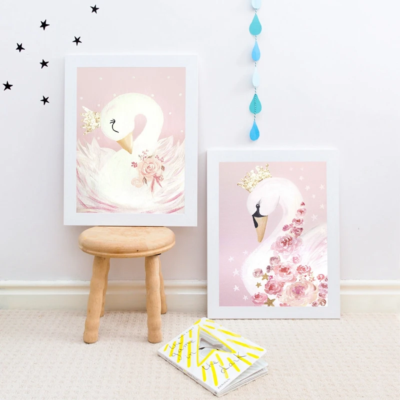 

Canvas Prints Poster Wall Artwork Nordic Painting Swan Princess Baby Girls Modern Living Room Pictures Home Decoration Modular