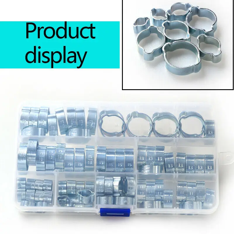 

80pcs 5-20mm Double Ear Fuel Pipe Water Tube Hose Clamps W/ Plastic Box Tools