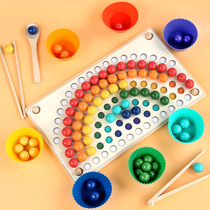 

Wooden Rainbow Clip Bead Elimination Fun Board Game Educational Toy Color Matching Training Chopsticks Spoon Grip Training