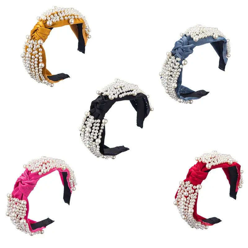 Модная плиссированная завязанная тканевая повязка на голову Искусственный Жемчужный обруч для волос широкая лента для женщин и девочек Бальные вечерние праздничный головной убор украшение