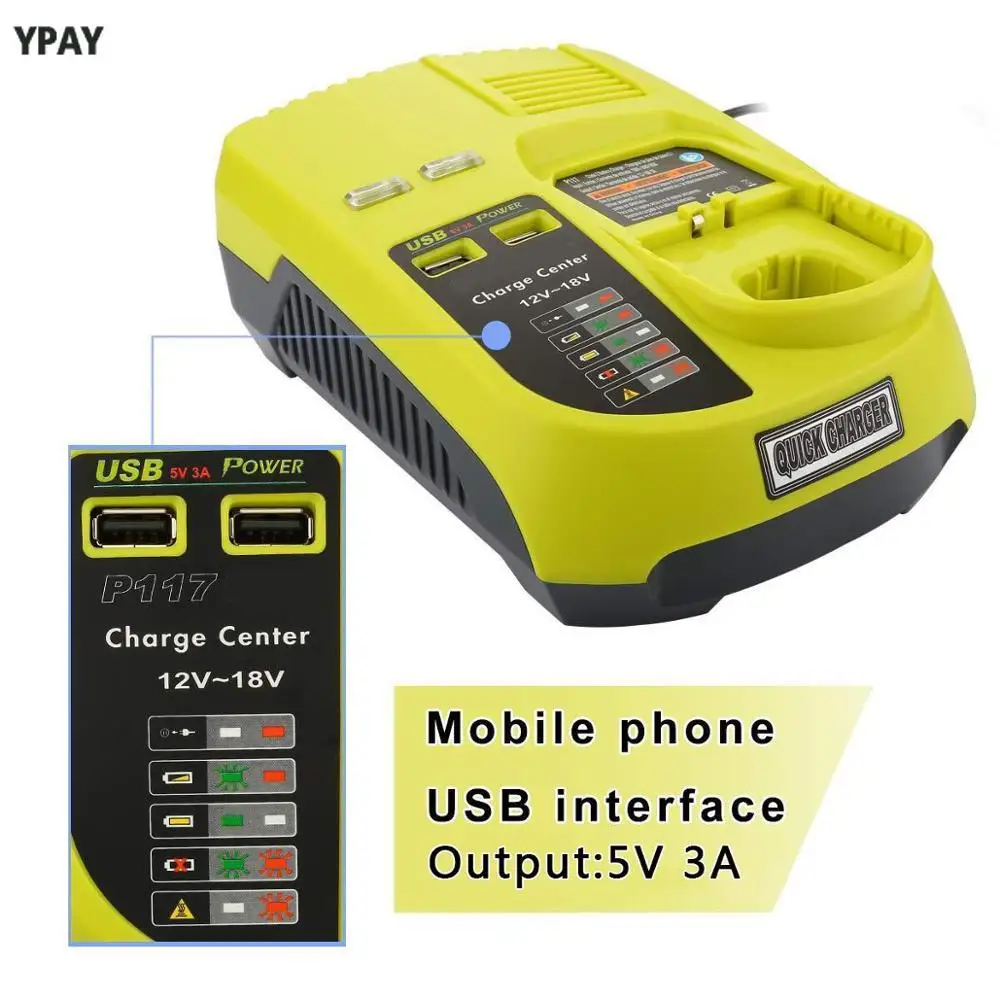 

3A 12V 14.4V 18V Battery Charger For Ryobi P117 Rechargeable Battery Pack Power Tool Ni-Cd Ni-Mh Li-Ion P110, P111, P107,P108