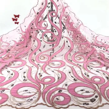 

African Velvet Lace Fabric 2019 High Quality Wine Lace Fabrics with Sequins French Mesh Lace for Party Pink