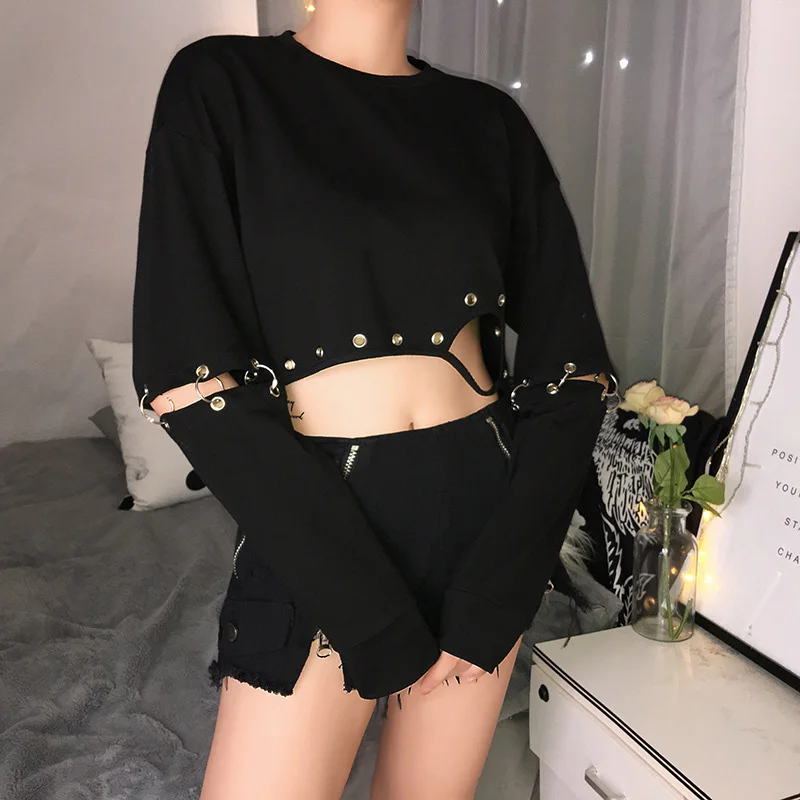 Fitshinling Streetwear Black Female Sweatshirt Long Sleeve Hoodies Eyelet Ring Cropped Sweatshirts Women Slim Streetwear Moletom