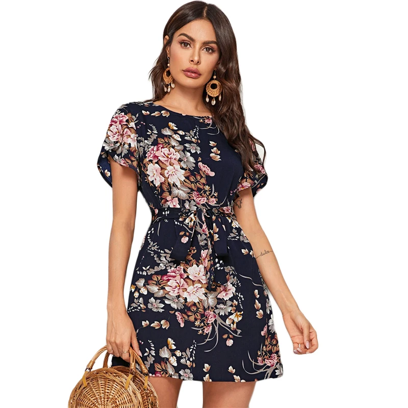 SHEIN темно-синее платье с цветочным принтом, рукав-лепесток, туника с поясом, женское летнее платье с коротким рукавом, прямые богемные короткие платья