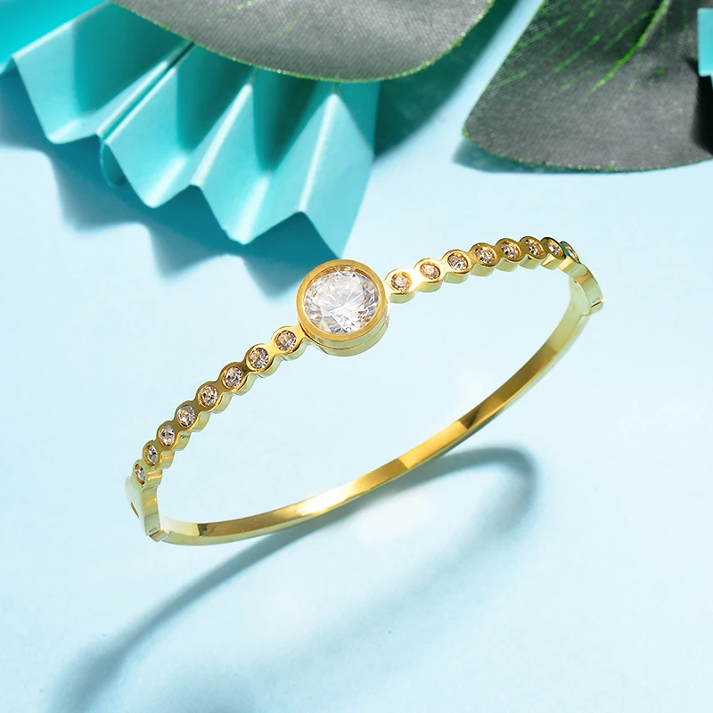 Baoyan, Модный золотой браслет для женщин, 316L, нержавеющая сталь, открытый Браслет-манжета, браслеты, опт, женские прозрачные циркониевые браслеты