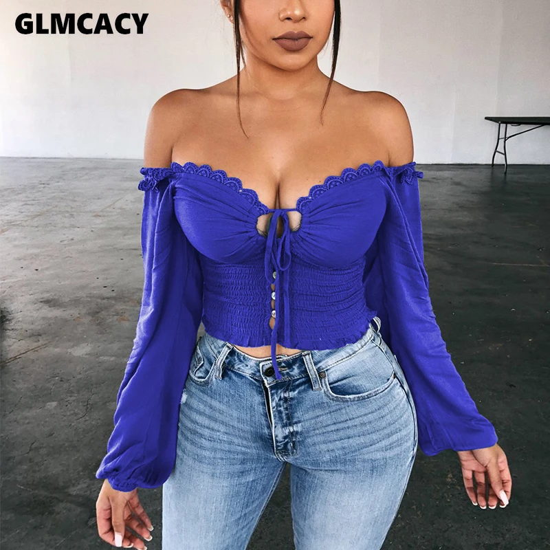 

Women Lace Splicing Off Shoulder Low Cut Out Blouse Sexy Crop Top Draw String Solid Spring Fall Street Wear Fashion Shirt