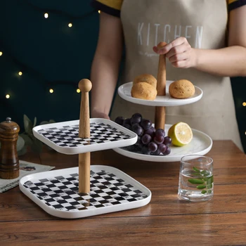 

Simple Art Ceramic Double-layer Fruit Plate Luxury Gold Pattern Checkered Candy Dried Fruit Plate Home Afternoon Tea Snack Rack