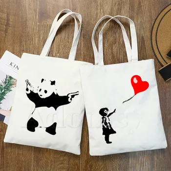 

Banksy Urban Design Art Print Reusable Shopping Bag Women Canvas Tote Bags Printing Eco Bag Cartoon Shopper Shoulder Bags