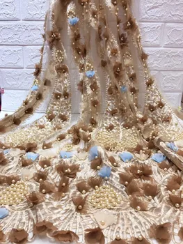 

2020 New Design 3d Flowers Tulle Lace Fabric Nigerian Embroidered Tulle Lace Fabric With Beads Material For Wedding Z28761