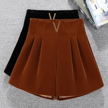 Pantalones cortos de pierna ancha para mujer, Shorts holgados de cintura alta, bota de terciopelo, otoño e invierno, 2021