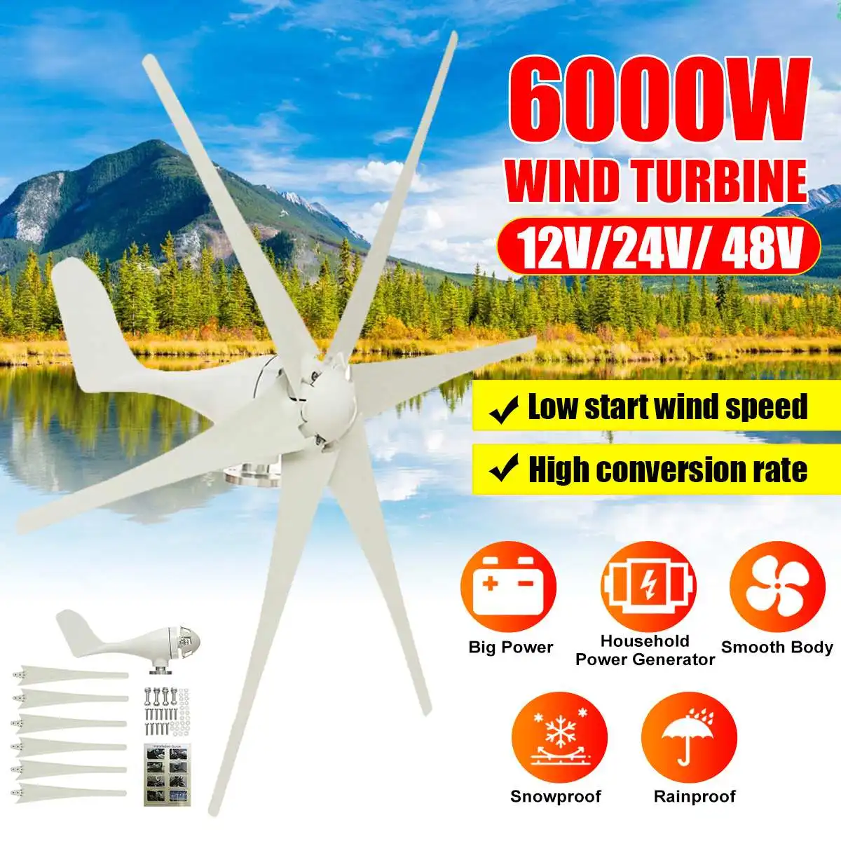 

6000W 12V/24V/48V Wind Generator 6 Blades Wind Turbines Generator Home Horizontal Power Windmill Energy Turbines