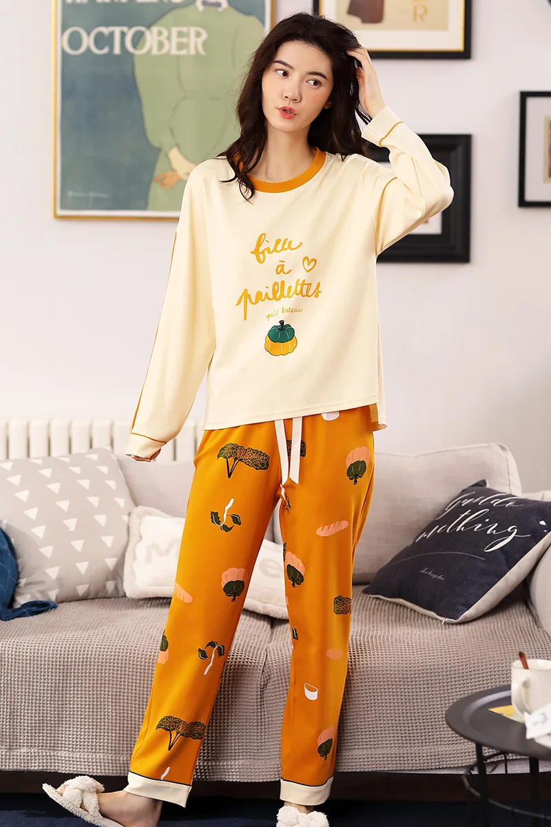 

2019 Pajamas Women's Spring And Autumn Pure Cotton Korean-style Pullover Tracksuit Sweet Long-sleeve Suit Students Long Sleeve T