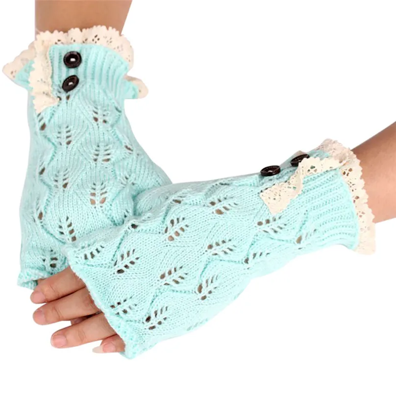 lace gloves Для женщин шерстяные варежки теплые перчатки без пальцев перчатки с кнопками для рук, Утепленная зимняя куртка, зимняя Для женщин рука крючком Вязание Faux женские перчатки J6 - Цвет: lace gloves