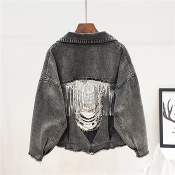 

Autumn Korean Loose Denim Jacket Heavy Industry Sequins Tassel Holes Womens Short Coat Outerwear Female Jeans Jacket Streetwear