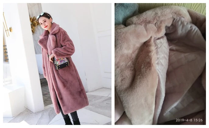Новая зимняя Женская Высококачественная шуба из искусственного меха кролика Роскошная длинная шуба Свободное пальто с отворотом толстые теплые плюшевые пальто больших размеров - Цвет: thick Pink