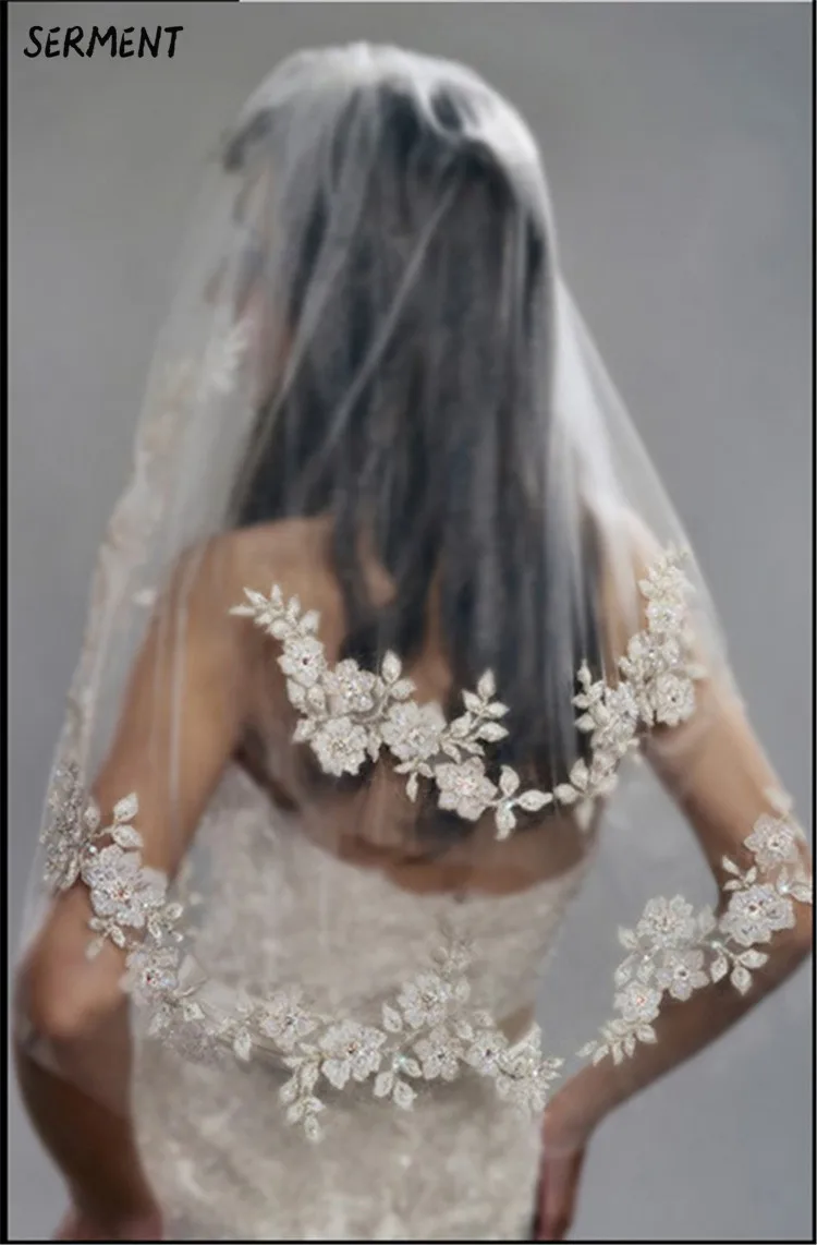 

SERMENT Short Double-layer Exquisite Silver Thread Flower Pearl Band Hair Comb Bridal Veil One-Layer 130cm Wedding Accessories
