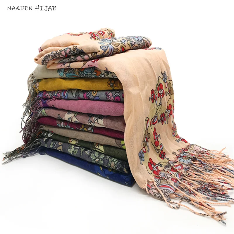 

NEW women flower print hijab scarf summer design fashion scarves and shawls muffler tassel muslim floral hijabs