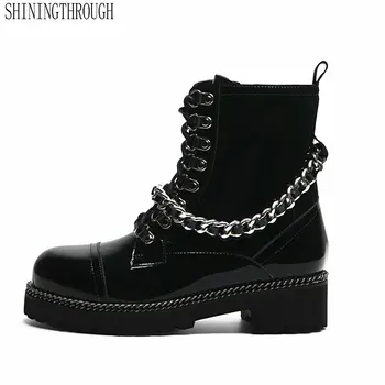 

2020 New Wome's Genuine leather boots chain autumn winter ankle boots for women punk ladies motorcycle snow boots shoe