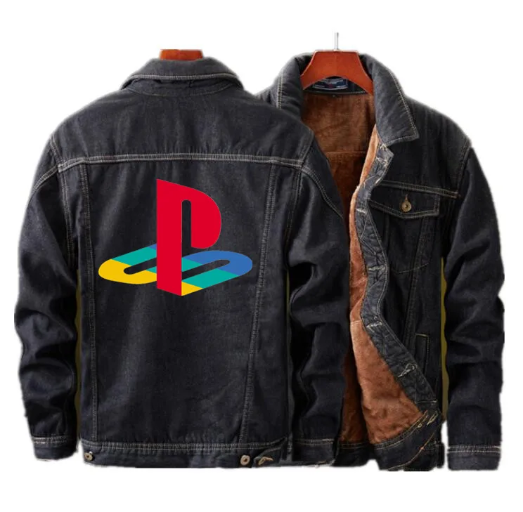 Зимняя мужская теплая флисовая джинсовая куртка для Playstation, модная мужская джинсовая Повседневная куртка-бомбер в стиле хип-хоп, ретро, уличная одежда