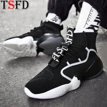 

Summer Trainers Men Shoes Sport Thick Bottom Running Sneakers Slip-on Men's Sports Shoe Plus Size Sock Shoe Fly Weaving Shoes V8